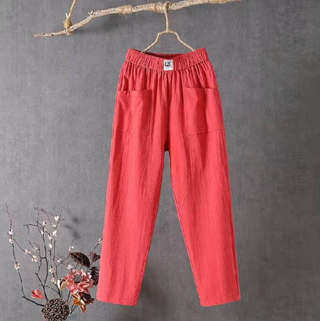 Aine - Women's Linen Trousers | Comfortable Elastic Waist for Effortless Style and Breathability