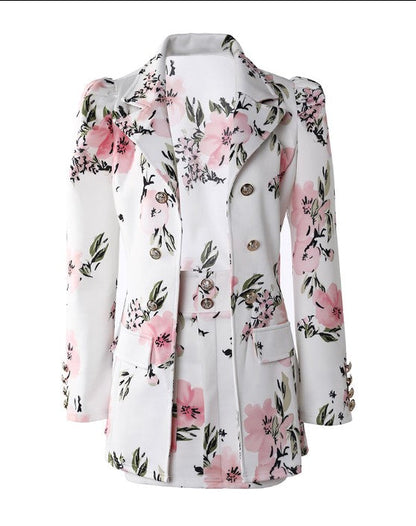 Aisling - Women's Floral Print Jacket | Stylish double-breasted design with elegant puff sleeves