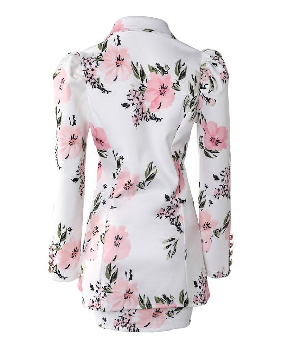 Aisling - Women's Floral Print Jacket | Stylish double-breasted design with elegant puff sleeves