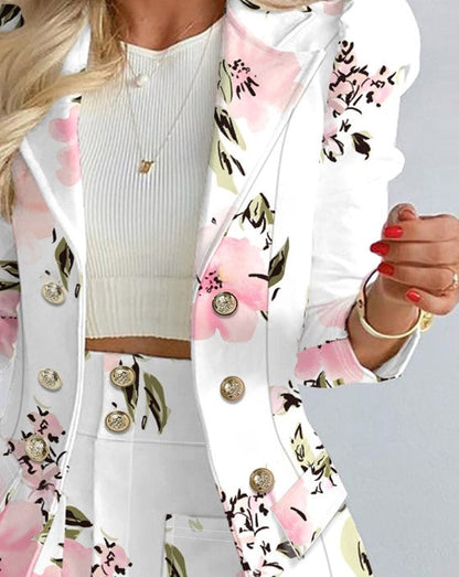 Aisling - Women's Floral Print Jacket | Stylish double-breasted design with elegant puff sleeves