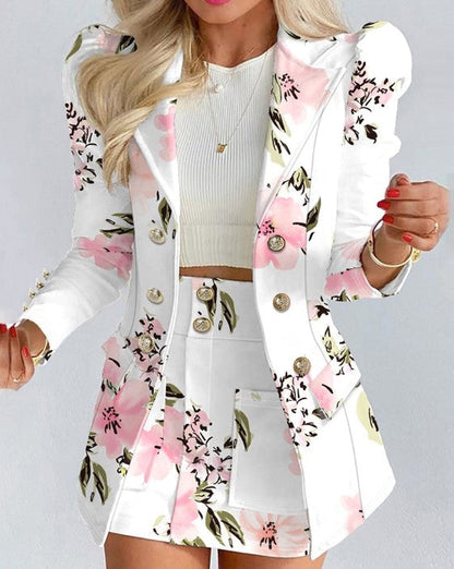 Aisling - Women's Floral Print Jacket | Stylish double-breasted design with elegant puff sleeves